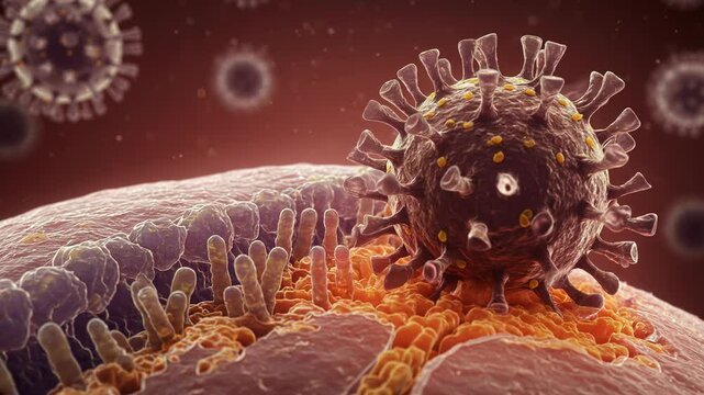 3D animation: Coronavirus (COVID-19) lands on respiratory cilia. SARS-CoV-2 virus infects lung epithelial cells. Medical visualization of pathogen attack. Microscopic view of airborne disease transmis