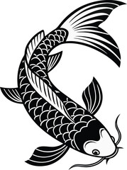 Black Koi Fish Silhouette Design Illustration. Elegant Koi Fish Silhouette in Black. Koi Fish Silhouette Artwork with Bold Style