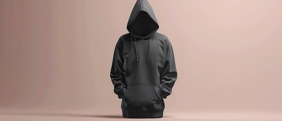 Large and black hooded sweater with space for an advertisement set against a plain colored backdrop, Generative AI.