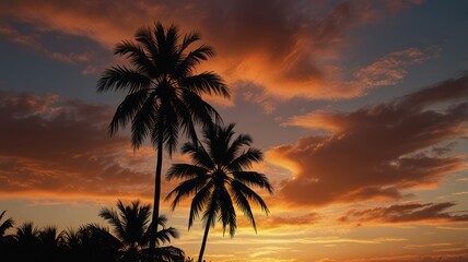 Obraz premium Silhouette palm trees against vibrant sunset sky