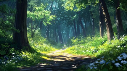 Fototapeta premium Sunlit Forest Path: Lush Green Trees and Sunlight