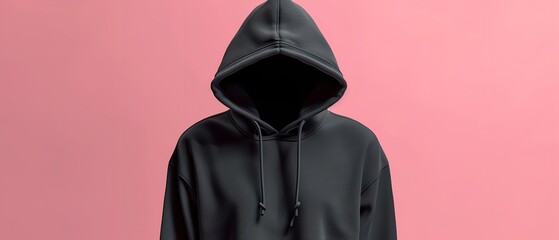 Large and black hooded sweater with space for an advertisement set against a plain colored backdrop, Generative AI.