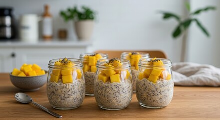 Delicious Mango Chia Seed Pudding Cups Surrounded by Fresh Mango Diced and Soft Light