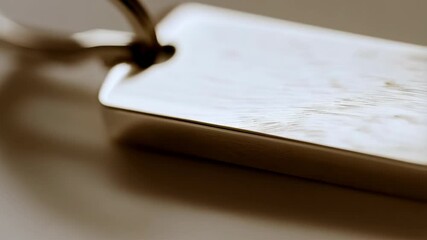 Close up shot of a rectangular metal key chain with a key ring, textured surface and rounded edges on white surface.