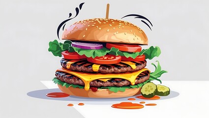 A juicy grilled BBQ burger with melted cheese, vegetables, and sesame bun is illustrated in colorful clip art style