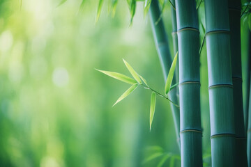 Close-up of green bamboo stalks with fresh leaves against a soft, misty white background.