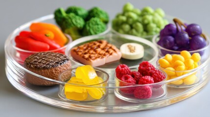 Diabetes-specific education style. Colorful assortment of fruits and vegetables on a circular platter.