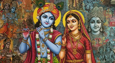 Obraz premium Vibrant Collage Artwork Depicting Radha and Krishna, Hindu Deities, in Rich Detail and Traditional Attire, Perfect for Spiritual or Cultural Projects