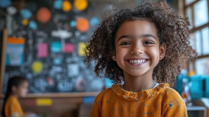 Smiling girl with curly hair in a classroom with chalkboard