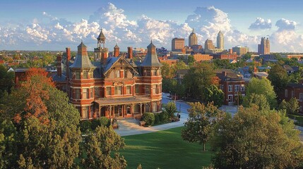 Fototapeta premium Panoramic view of a historic building amidst landscaped grounds and city skyline.