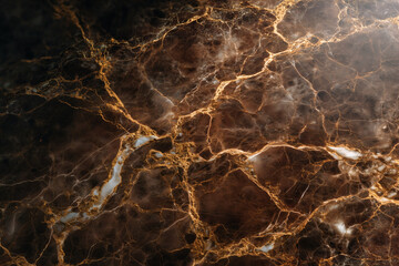 Detailed close-up of dark brown marble with golden veining; ideal for luxury designs and elegant backdrops.