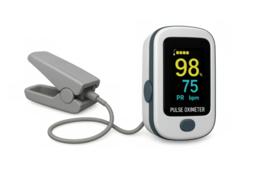 Pulse oximeter showing oxygen saturation and pulse rate on transparent background