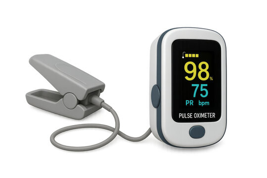 Pulse oximeter showing oxygen saturation and pulse rate on transparent background