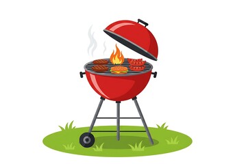 Red kettle barbecue with burgers, sausages, and flames on green grass