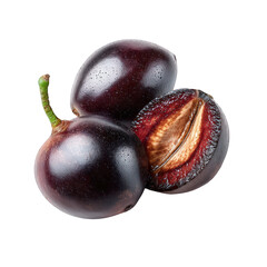 Fototapeta premium A close up shot of three java plums with one cut open showing the inside on a black background
