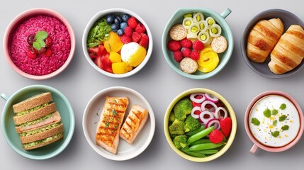 Diabetes-specific education style. Colorful variety of healthy dishes in bowls arranged on a table.