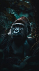 Obraz premium A striking close-up of a gorilla's face peeking through dense green foliage
