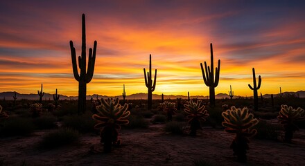 Scenic Desert Landscape with Cacti under Golden Sunset Light Generative AI

