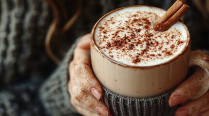 Cozy Coffee Mug with Cinnamon and Frothy Milk in Warm Environment