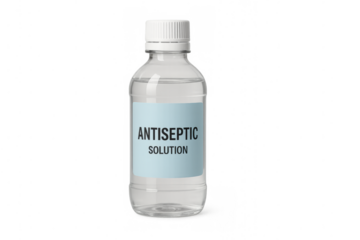 Antiseptic solution in transparent plastic bottle with white cap on transparent background