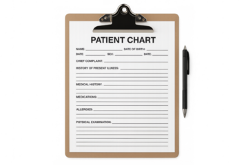 Patient chart with pen on transparent background, completing medical history