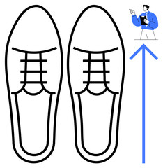 Outlined shoes paired with an upward arrow and a gesturing figure presenting a notebook. Ideal for growth, leadership, progress, career steps, human potential, business development, flat simple