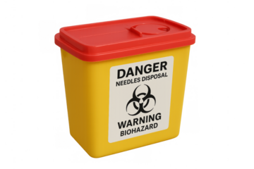 Yellow sharps container with biohazard symbol warning on transparent background
