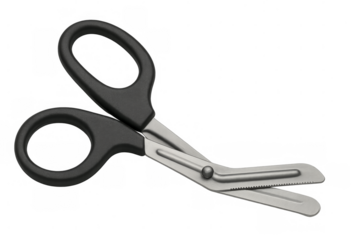 Paramedic scissors with black handle and rounded tip on transparent background