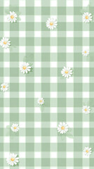 Green gingham pattern with small daisy flowers, seamless design