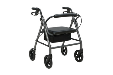 Empty modern walker with seat and storage basket on transparent background
