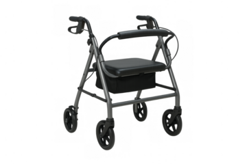 Empty modern walker with seat and storage basket on transparent background