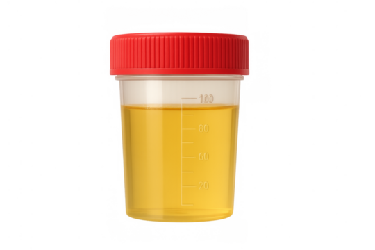 Medical urine sample container with transparent background