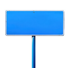 A blank blue rectangular sign with a white border mounted on a blue pole against a black background