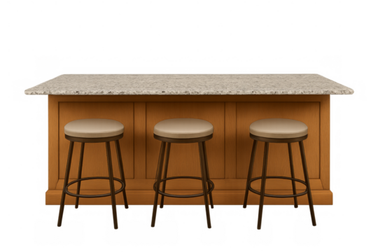 Modern bar counter with stools on transparent background