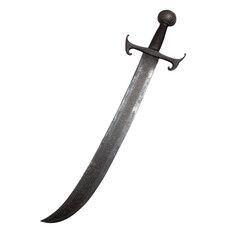 Obraz premium A detailed shot of a curved sword with an ornate hilt and blade against a black background in the studio