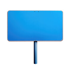 A blue rectangular sign with rounded corners mounted on a gray pole against a black background isolated shot