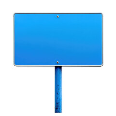 A close up shot of a blank blue sign with a metal frame mounted on a blue pole against a black background