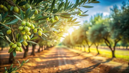 Golden Sunlight Illuminates Lush Olive Orchard, Ripe Olives Hanging Heavy on Branches, Serene Landscape
