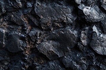 Close-up view of dark, rough-textured rocks.  Intricate patterns of cracked and layered stone