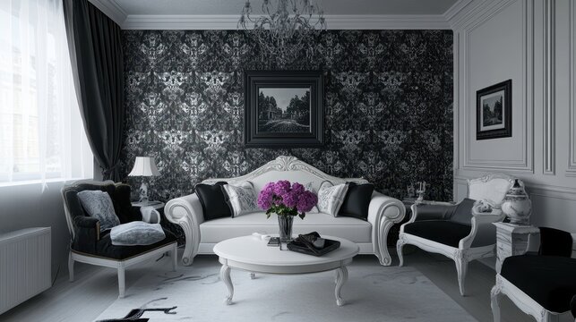 Elegant monochrome interior design featuring a living room.