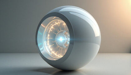 A white sphere features a central sensor glowing softly with intricate LED patterns, set on a neutral background.