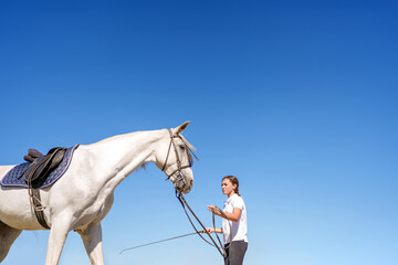 Female rider guiding white horse across sunlit pasture, sharing harmonious moment during peaceful...