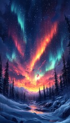 Fototapeta premium Aurora borealis over snowy mountains, winter landscape, night sky, magical scene, wallpaper