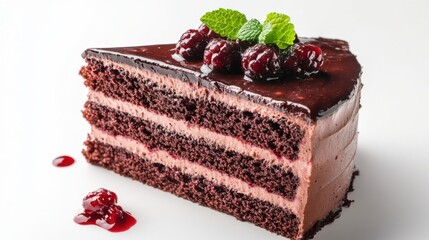 Flat lay chocolate layer cake with berry compote and mint garnish on white background