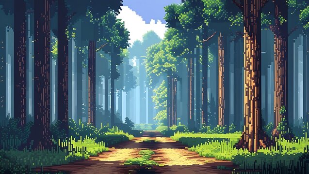 Pixelated forest trail in retro style with dense vegetation art landscape