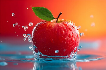 A vibrant red apple splashes in clear water, creating a refreshing scene filled with droplets. Ideal for health, freshness, or culinary themes.