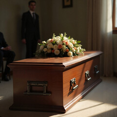 Closed wooden coffin with floral arrangement in solemn mood representing farewell ritual in simple funeral setting with natural light