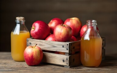 Apples and Cider in Wooden Box. High quality