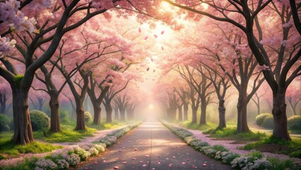 Naklejka premium A Serene Path Through a Dreamlike Blossoming Allee of Pink Trees, Bathed in Warm Sunlight and Mist