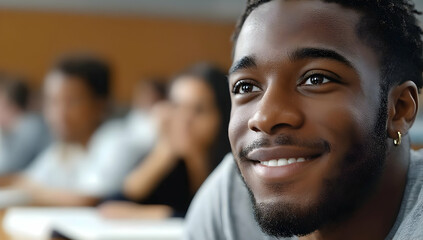 Fototapeta premium A young man smiles confidently during a classroom session, showcasing engagement and enthusiasm in learning. The atmosphere is lively and inspiring.